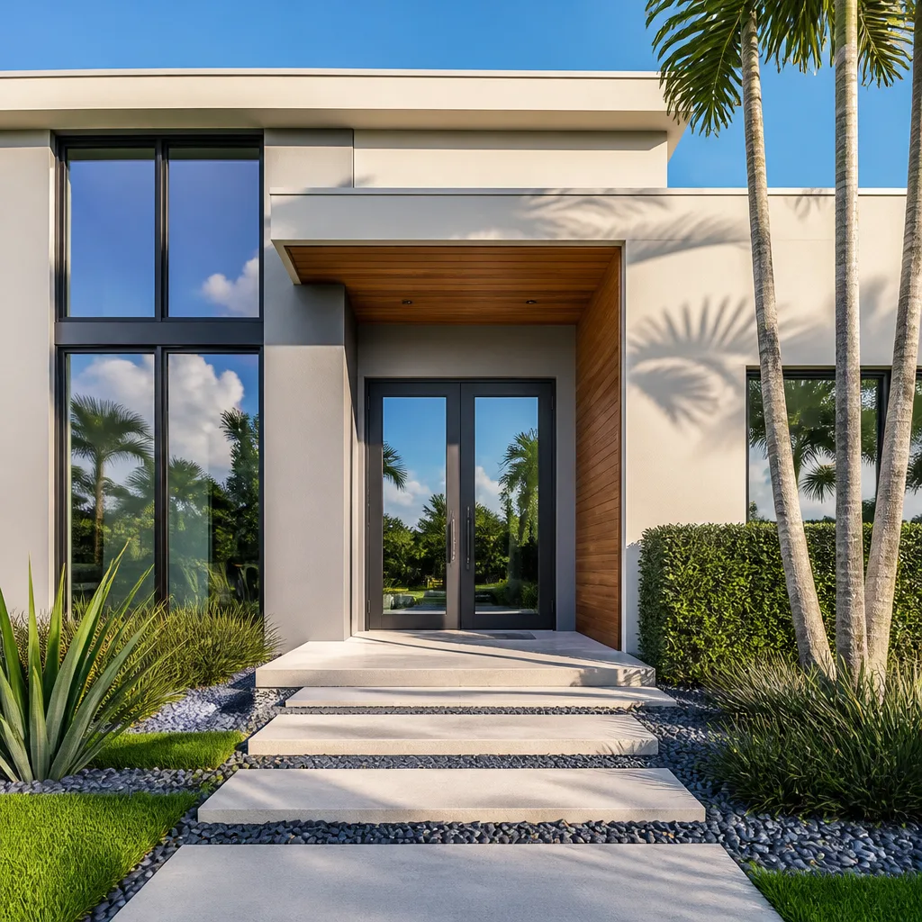 Modern front door replacement with glass panels and wood trim accents