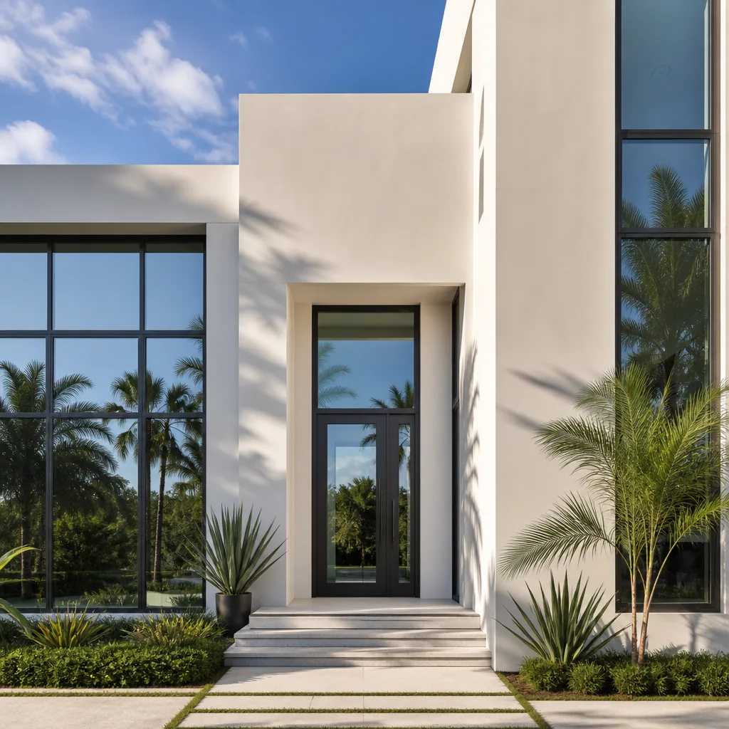 Modern front door replacement with black-framed glass entrance and architectural landscaping