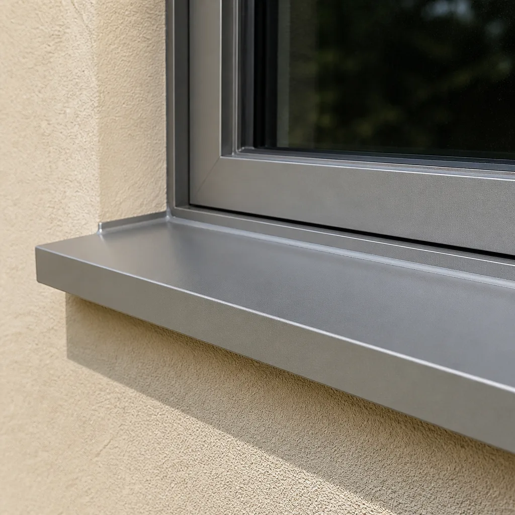 Modern aluminum window frame and metal sill on residential home exterior