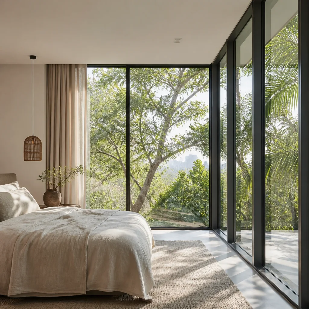 Modern bedroom with large floor-to-ceiling panoramic glass windows and view